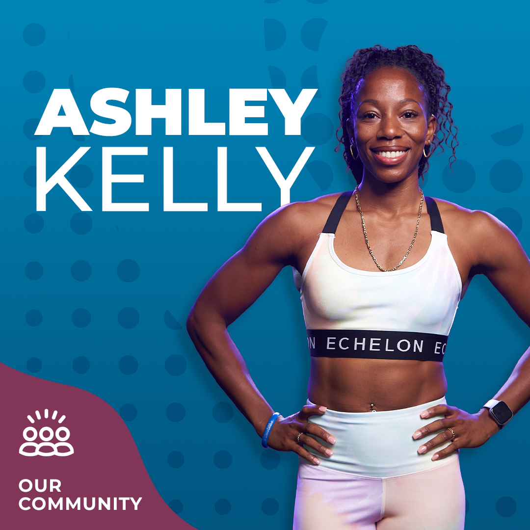 Headshot of Ashley Kelly over blue background