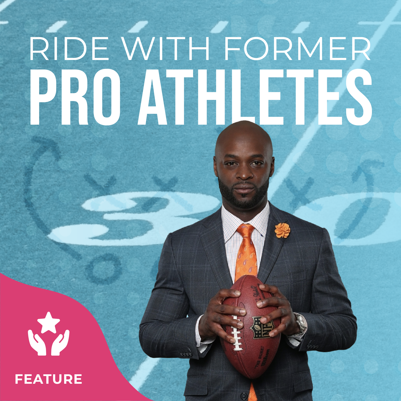 Reggie Wayne in a suit holding a football in front of blue background and text "Ride with Former Pro Athletes"