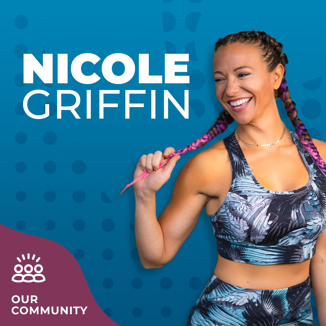 Nicole Griffin over blue background, holding her braid