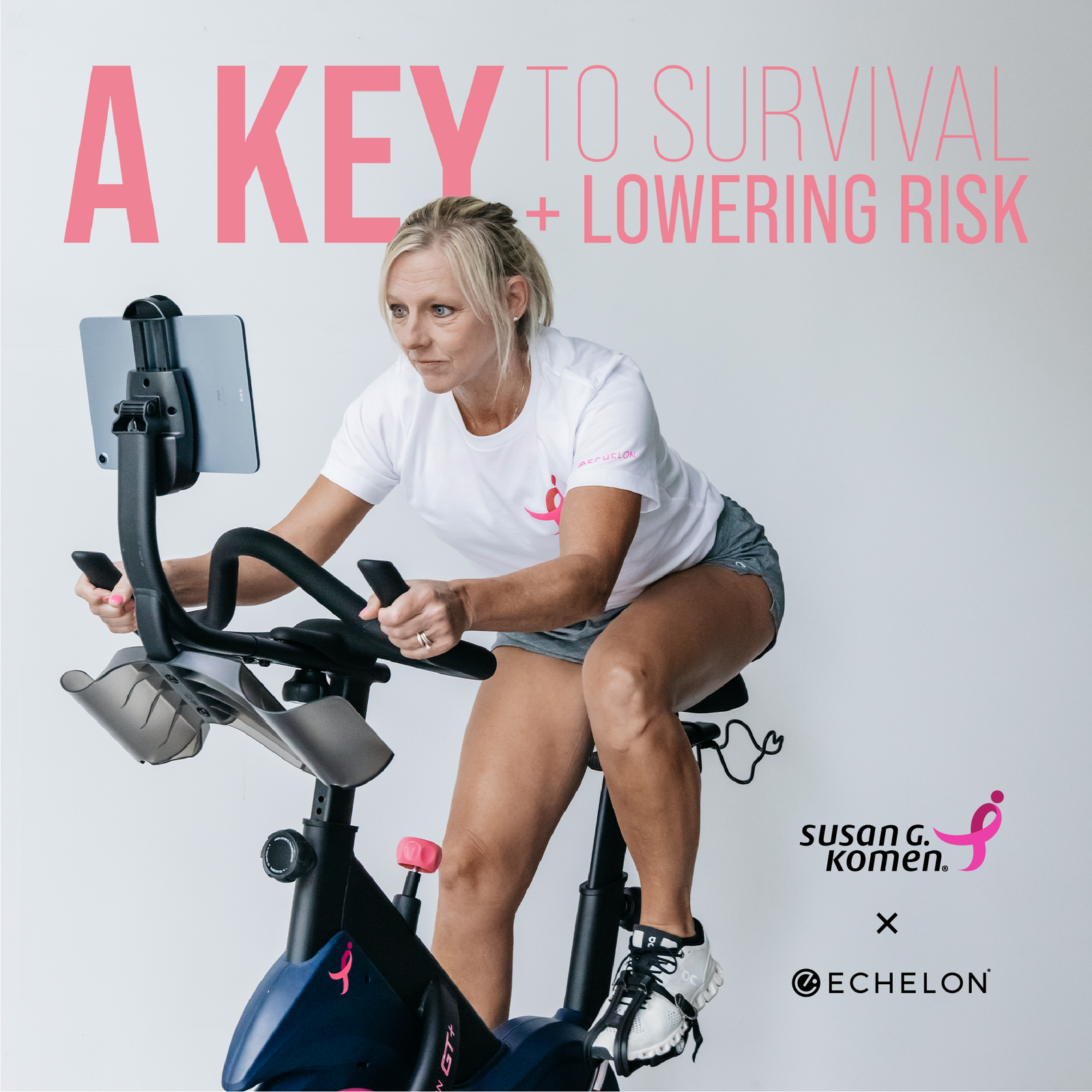 Woman riding Echelon Connect GT+ Bike with the words "The Facts of Fitness + Breast Cancer"