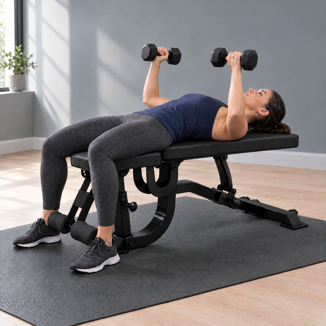 Person performing a flat chest press on the Echelon Strength Incline/Decline Bench with dumbbells