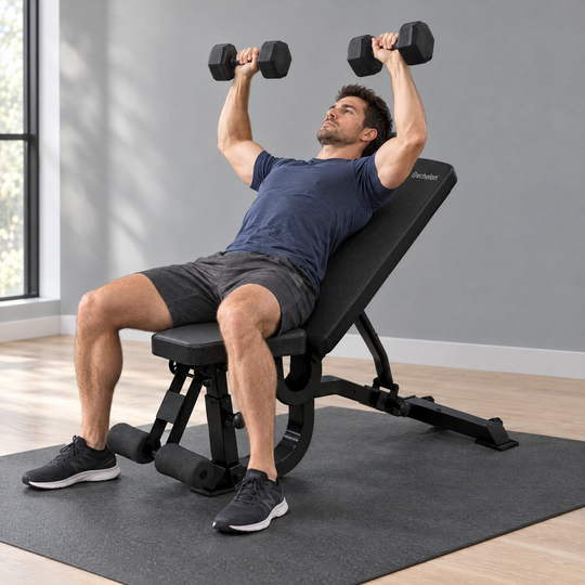 Person performing an incline chest press on the Echelon Strength Incline/Decline Bench with dumbbells