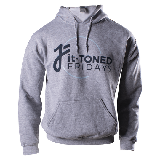 Grey hoodie with Fit-toned fridays text on chest