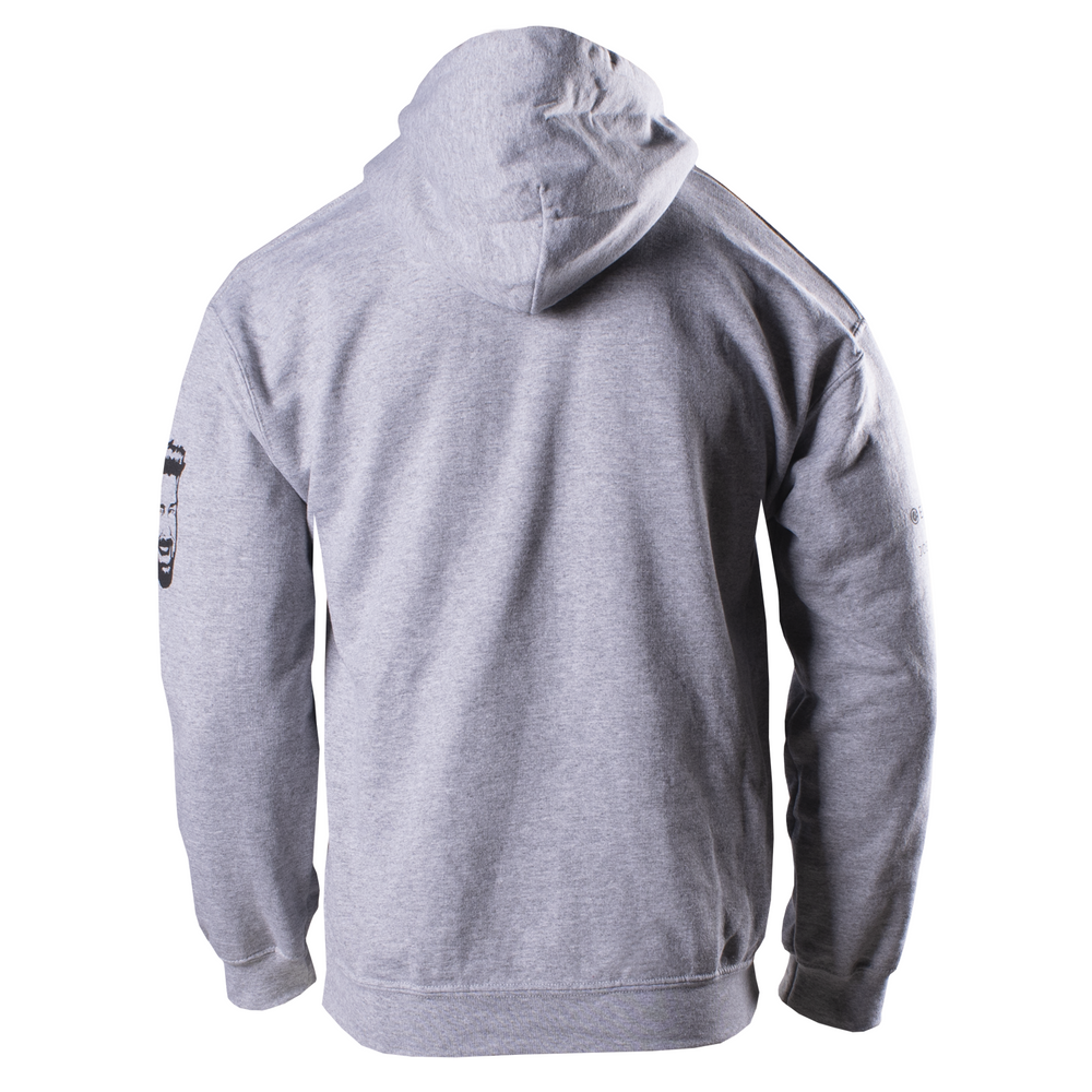 Back of grey FIt-toned hoodie