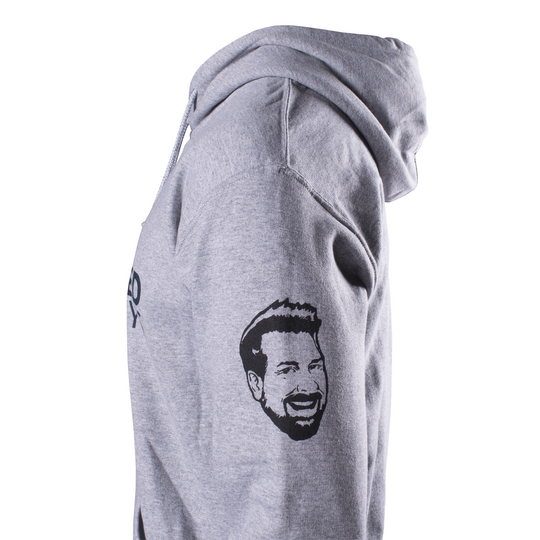 Side view of grey fit toned hoodie showing print on sleeve of Joey Fatones face