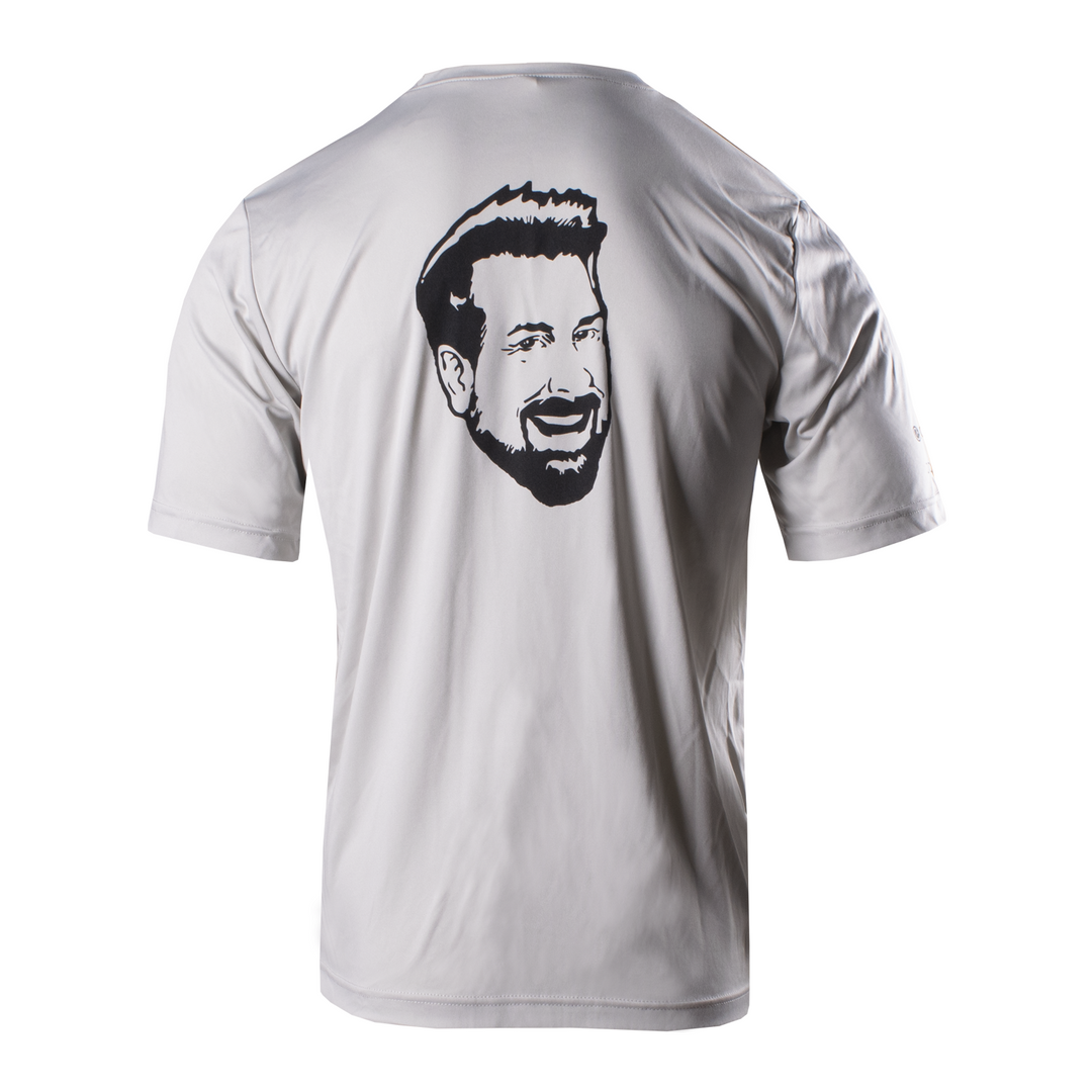 grey shirt back view featuring print of Joey Fatones Face