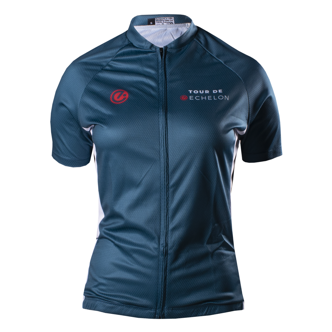 Ladies cycling jersey front with echelon e on right chest and tour de echelon text on left chest