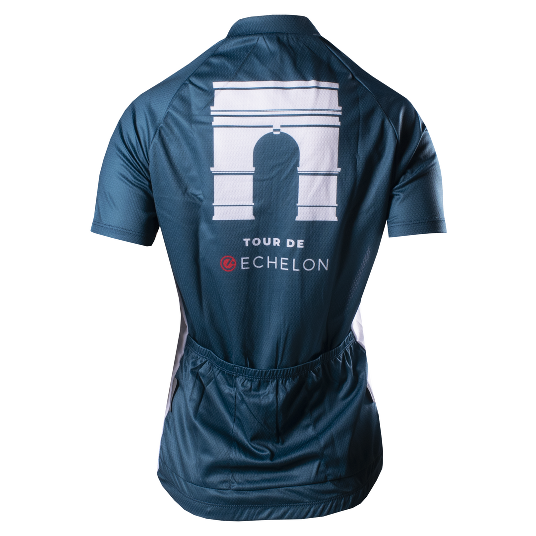 ladies cycling jersey back view with printed arch on back and tour de echelon text
