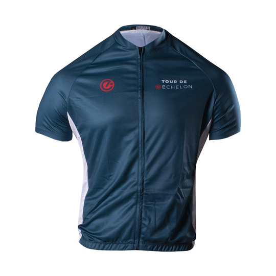 Echelon mens cycling jersey with echelon E logo on right chest and tour de Echelon text on left chest