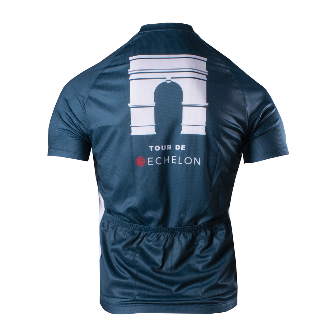 Back of Echelon Cycling jersey with arch printed on back and tour de Echelon text